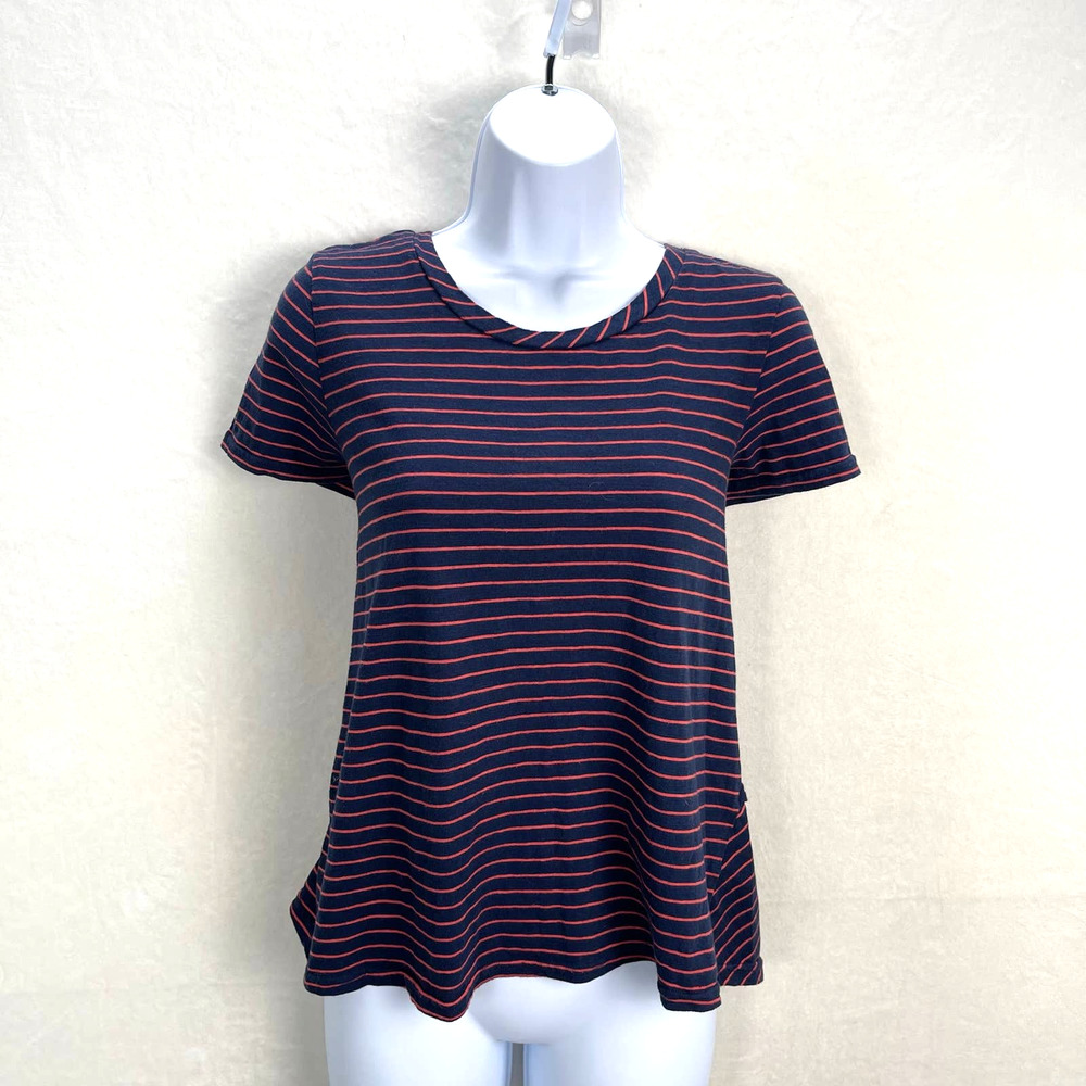 Anthropologie Navy Blue & Orange Striped Short Sleeve Back Ruffle Shirt Medium